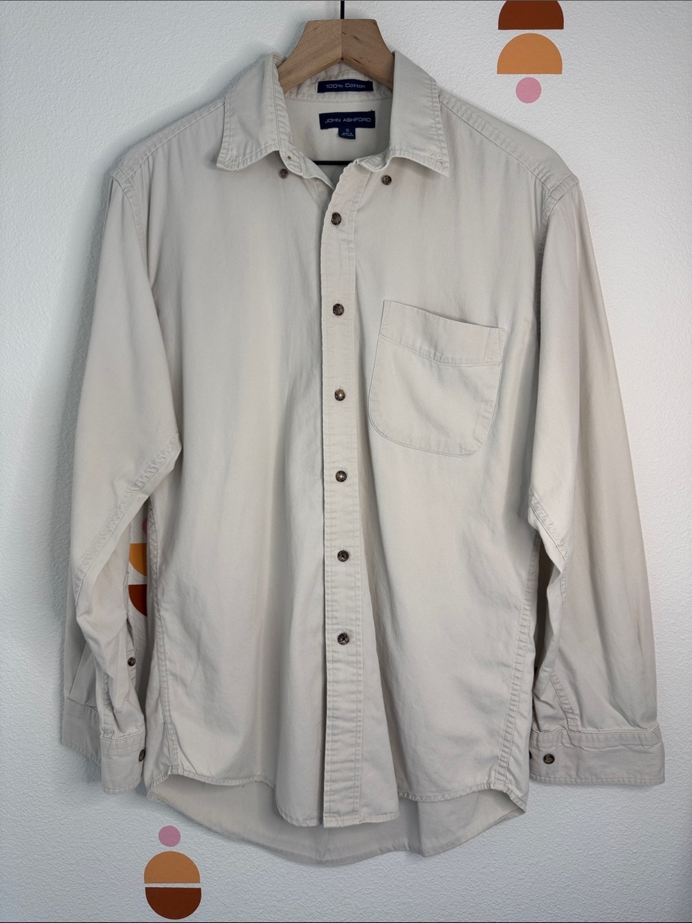 John Ashford Men’s Beige 100% Cotton Button Down Shirt Size Small Casual N0206 - Picture 1 of 6
